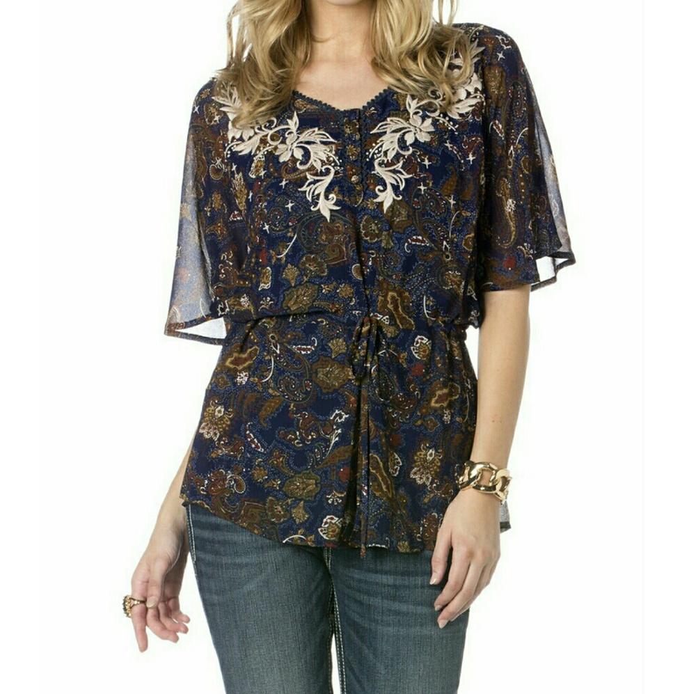 Miss Me Navy Paisley Peasant Top